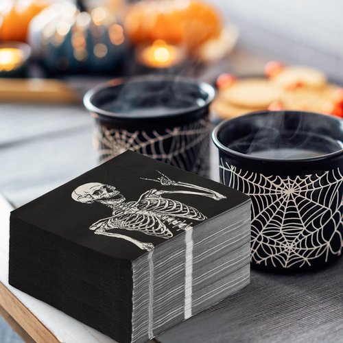 JarThenaAMCS 100Pcs Halloween Paper Napkins Smile Skeleton Luncheon Napkins Black Dinner Hand Napkins for Home Party Supplies Table Decor