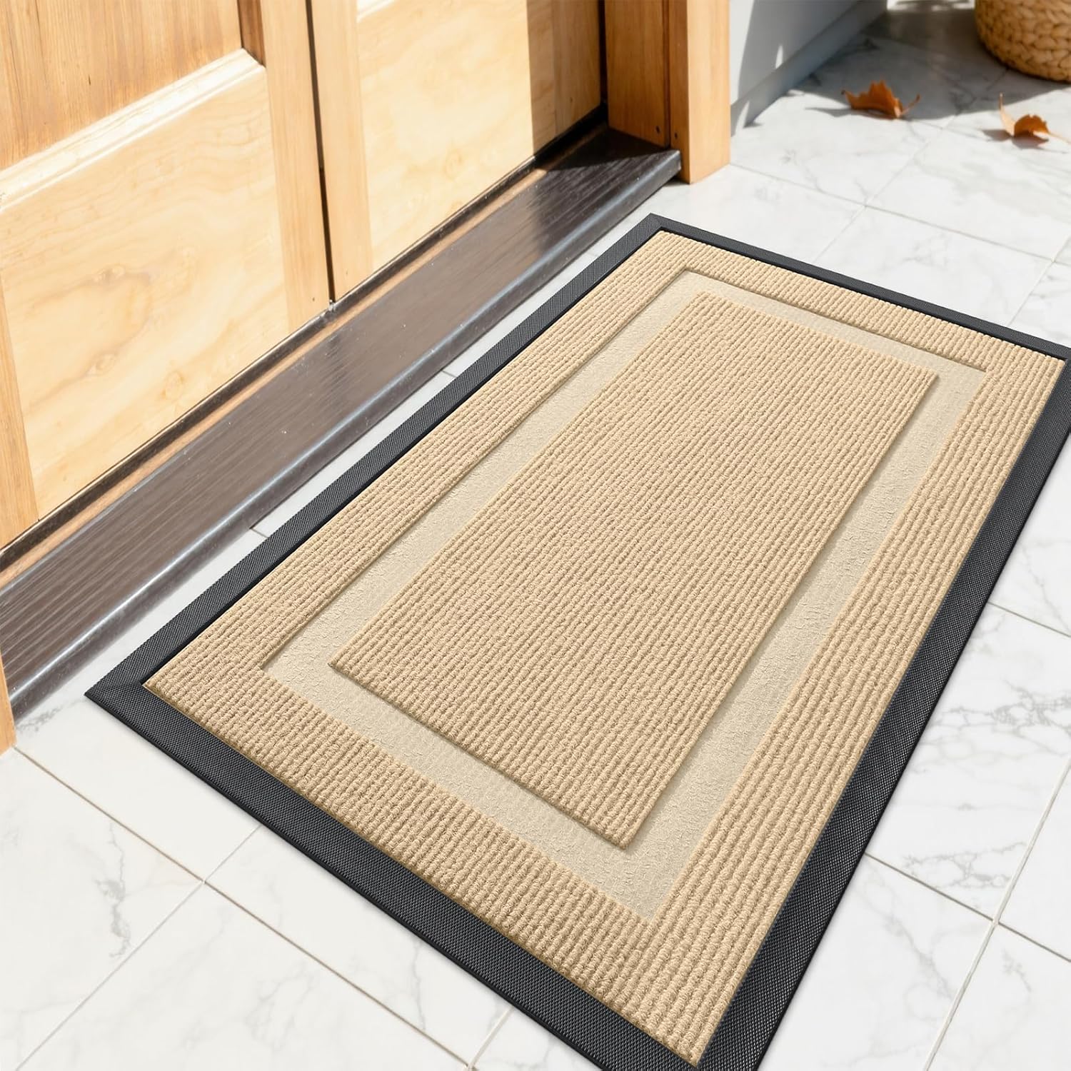 OLANLY Indoor Outdoor Front Door Mat - Waterproof All-Season Doormat, Sturdy Natural Rubber, 23.5x15.5, Beige