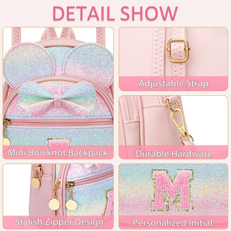 KKXIU Initial Bowknot Mini Backpacks for Girls Women, Small Cute Backpack Purse, Personalized Birthday Gifts for Toddler, Kids and Teen Girls(M, Rainbow)