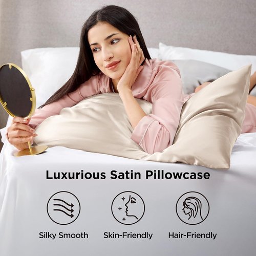 Bedsure Satin Pillowcase - Silky Queen Pillowcases for Hair & Skin | 4-Pack, Beige, 20x30 Inches