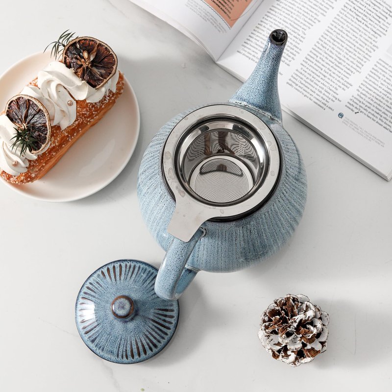 HVH 40 oz Porcelain Teapot with Stainless Steel Infuser, Ceramic Tea pot with Infuser for Loose Tea, Enough For 6 Cups, Striped Series (Wabi sabi)