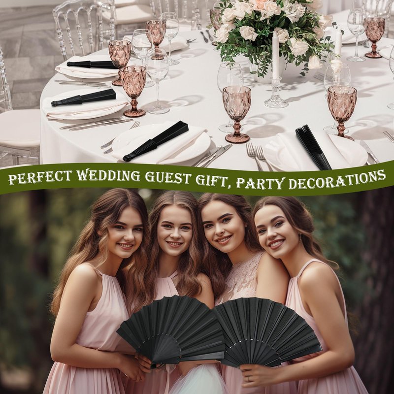 Wenqik 80 Pcs Wedding Folding Hand Fans Bulk Silk Fabric Chinese Handheld Foldable Clack Fans with Plastic Ribs for Party, Wedding Gifts, Line Dancing, Home Decorative (Black)