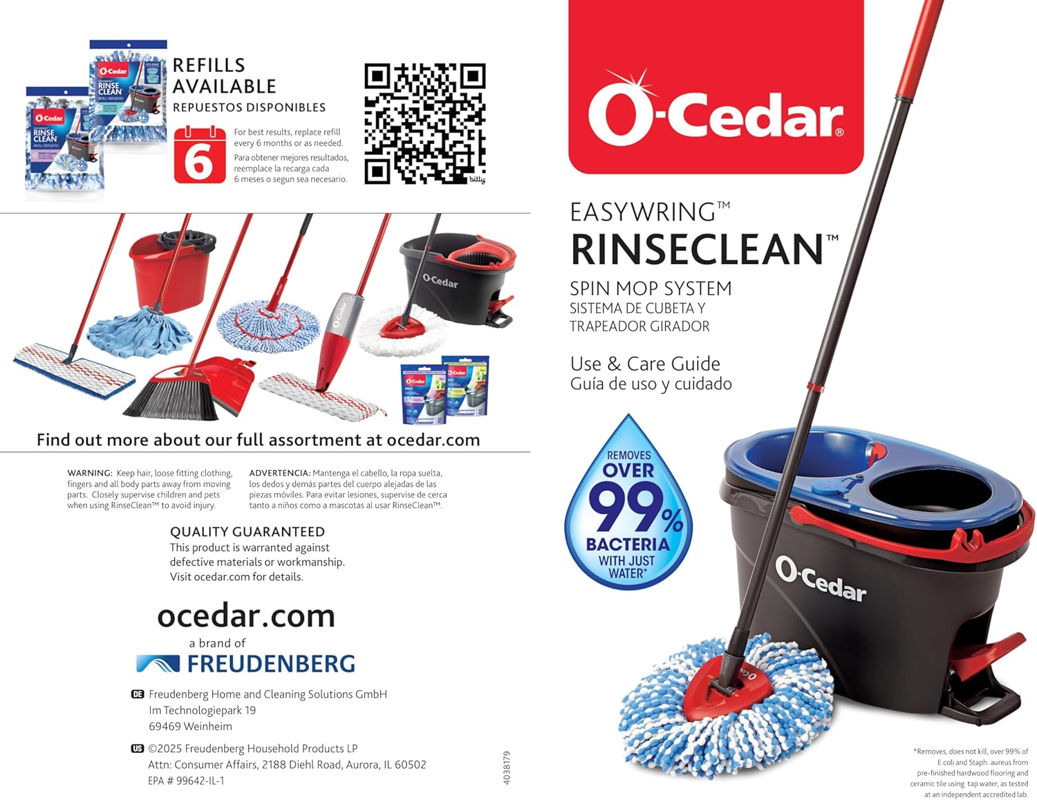 O-Cedar RinseClean Spin Mop & Bucket System - Includes 2 Extra Mop Heads | Cleans with Water & Eliminates 99% of Bacteria