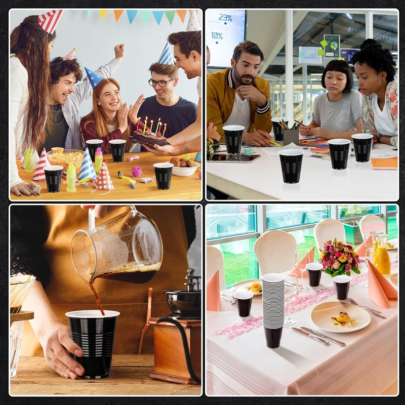 Cholemy 200 Pcs 9 oz Disposable Black Plastic Cups for Party,graduation Shot Cups,drinking Plastic Cocktail Tumbler for Coffee Water Beverage Tea Juice Birthday Party Wedding Barbecues Picnics(Black)