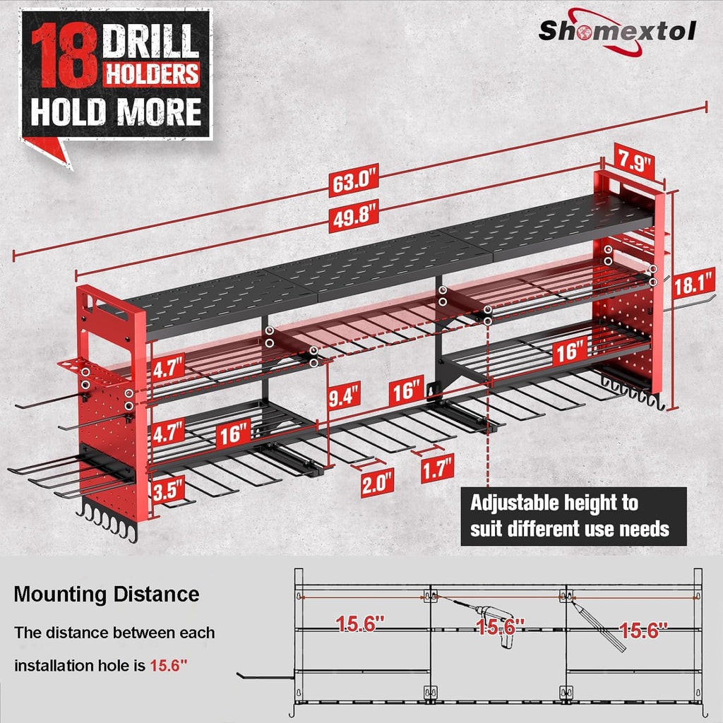 Super Large Power Tool Organizer - 4-Layer Heavy Duty Wall Mount with 18 Cordless Drill Holders | 600 lb Capacity (Red)