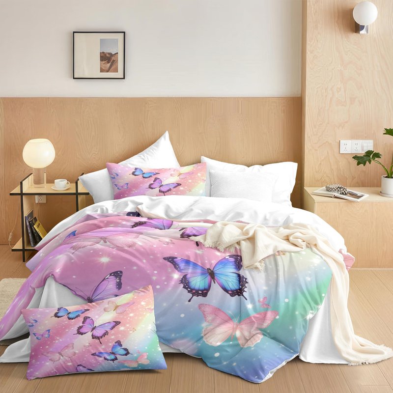 CCoutueChen Gradient Rainbow Comforter Set Queen Girls Kids, 3pcs Sparkling Butterfly Soft Bedding Set with 2 Pillowcases (90" X 90")