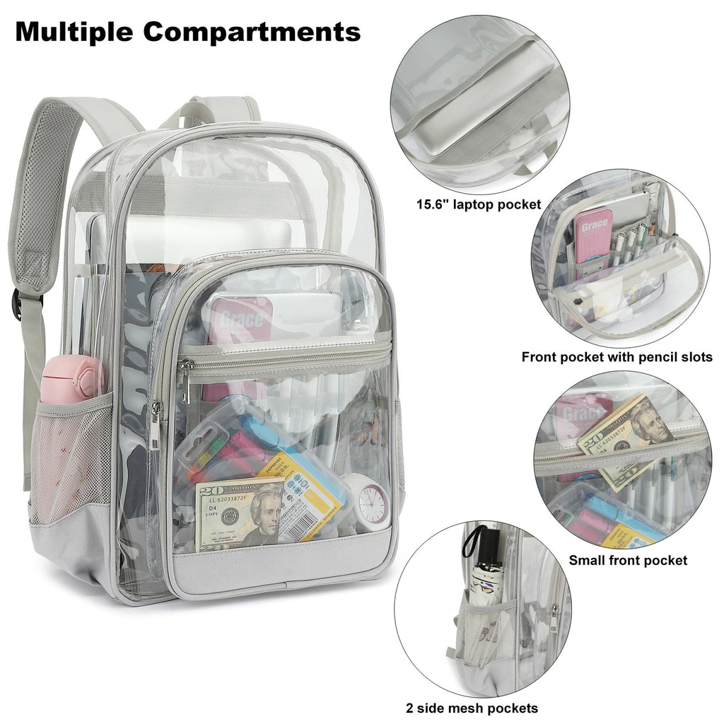 Esfoxes Heavy Duty Clear Backpack, School Backpack College Bookbag PVC See Through Transparent Backpacks (Light Gray)
