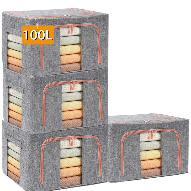 100L Large Storage Bags,Stackable Clothes Storage Bins with Hold Shape Metal Frame,Foldable Closet Organizer Containers with Zipper,Clear Window,Thick Fabric for Seasonal Clothing (Gray, 4 Pack)