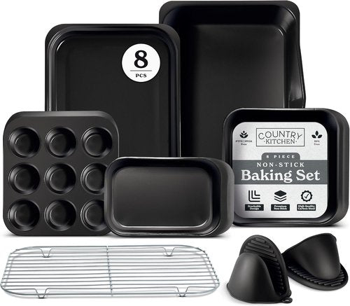 Country Kitchen Nonstick Bakeware Set - Deluxe Heavy-Duty, Easy Release, 8-Piece Set in Black