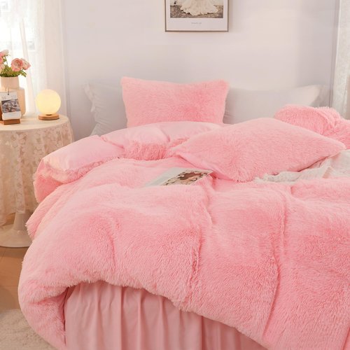 Litanika Pink Fluffy Comforter Queen Size, Luxury Shaggy Faux Fur Bedding Cute for Women Girls, Ultra Soft Velvet Fuzzy Queen Bed Set 3 Pieces(1 Plush Comforter 90×90 Inch, 2 Pillowcases)