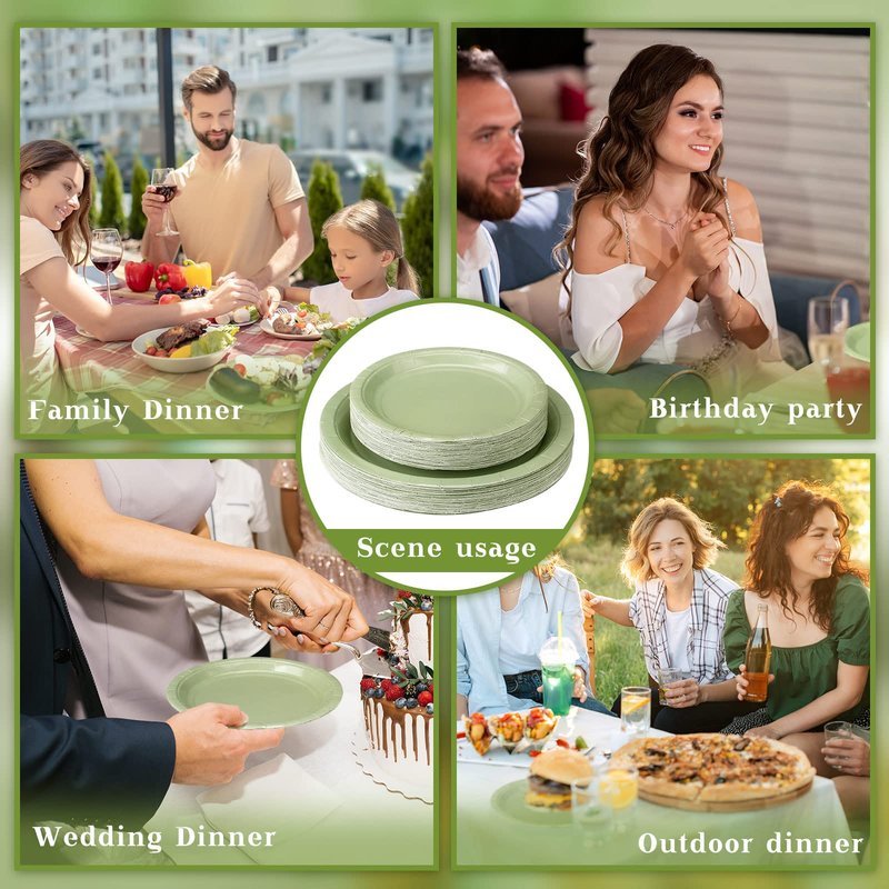 Roshtia 100 Pcs Sage Green Disposable Plates Green Paper Plates Disposable Dessert Plates Bulk 7 Inch 9 Inch Disposable Paper Plates Set Decoration for Wedding Engagement Bridal Shower
