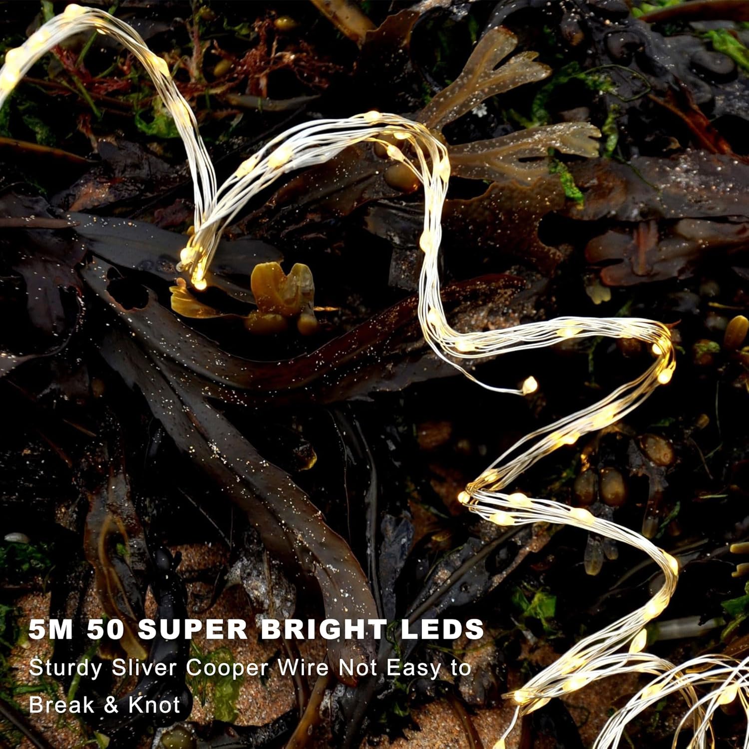 Timer Fairy Lights - 50 LEDs Silver Copper Wire String Lights | 16.4Ft Battery Operated with 5 Lighting Modes for Christmas & Weddings