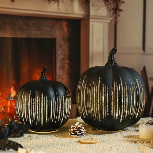 Halloween Glass Pumpkin Light up for Table Centerpiece Decorations Set of 2 Illuminated Starry Night Glass Pumpkins Twinkle LED Light up Fall Halloween Indoor Decoration for Home Black
