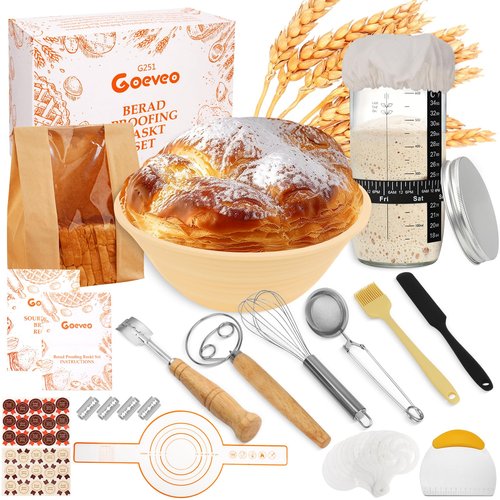 Goeveo Sourdough Starter Kit, 42Pcs Sourdough Bread Baking Supplies Sour Dough Kit 650ml Sourdough Starter Jar Feeding Time Tracker Bread Making Supplies Tools Gifts for Bakers Bread Bags for Homemade