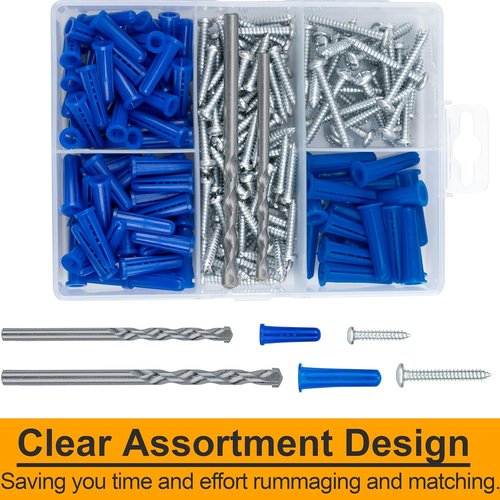 KURUI Wall Anchors & Screws Kit - 200PCs Concrete & Drywall Anchors with Drill Bit | 100 Brick Anchors