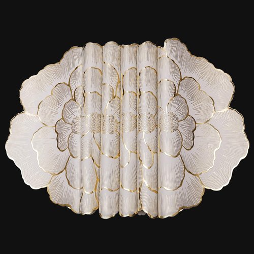 FAVE Golden Placemats Set of 8 Gold Floral Round Placemats, Reusable Vinyl Table Mats for Wedding Banquet Party, Metallic Shiny Placemats for Restaurant & Birthday Decor (Golden Peony, 8PCS)