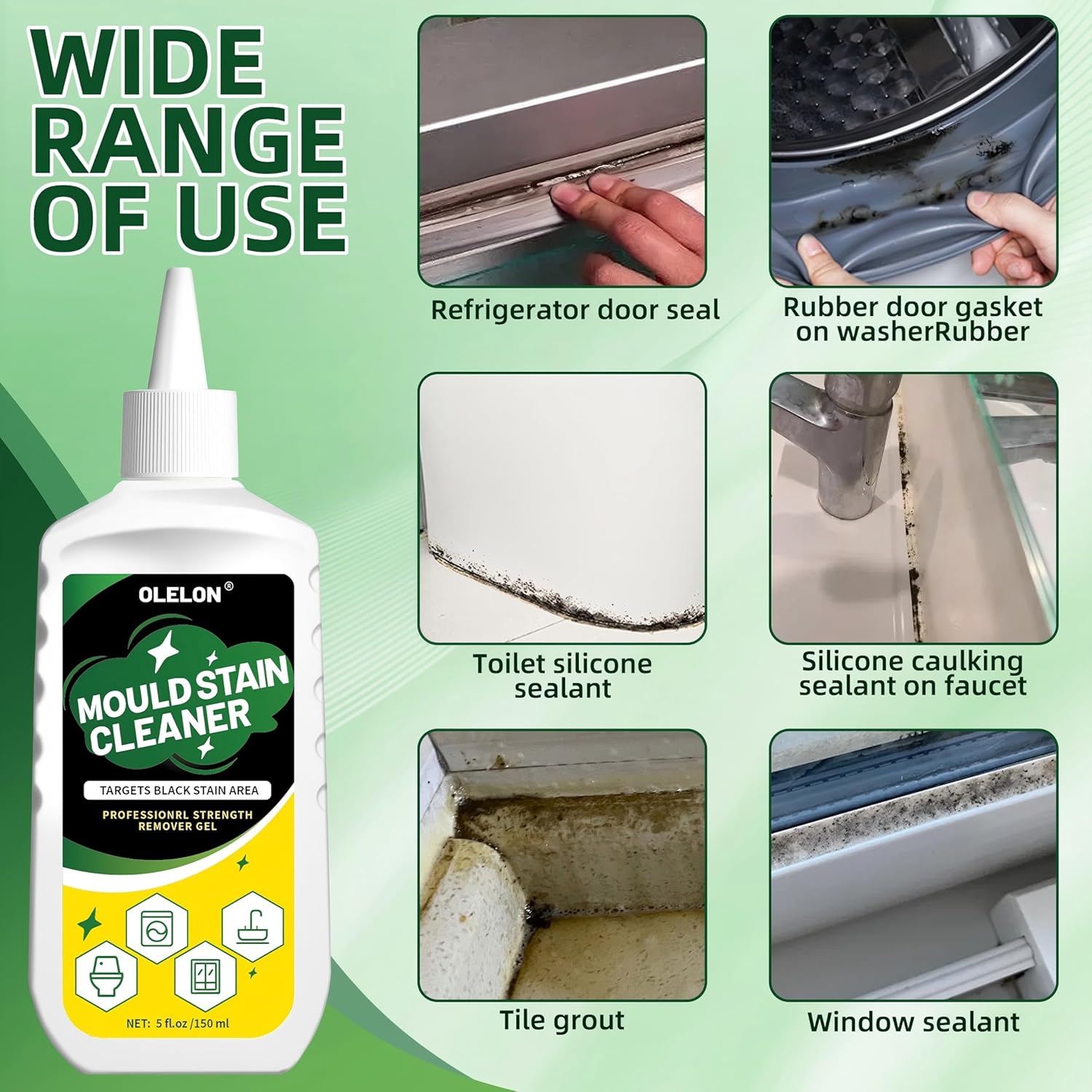 OLELON Mold Stain Remover Gel - Powerful Washing Machine Cleaner for Rubber & Grout - 300ML