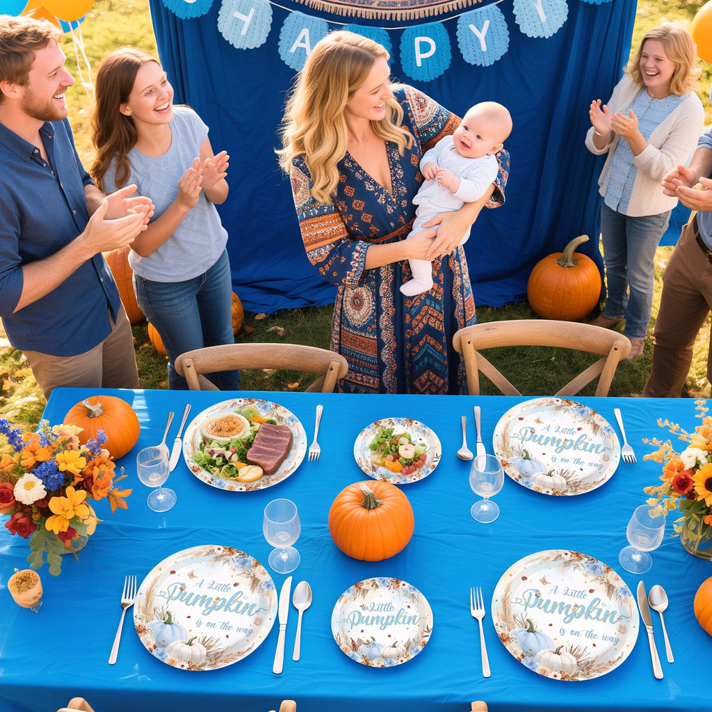 200Pcs Fall Little Pumpkin Baby Shower Decorations Blue Pumpkin Plates and Napkins A Little Pumpkin is on The Way Boho Floral Tableware Set for Boy Baby Shower Fall Thanksgiving Party Supplies Serve50