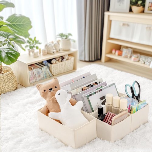 Criusia Drawer Organizer - 14 Pack Dresser Storage Bins for Baby Clothes & Underwear | Foldable Beige Dividers