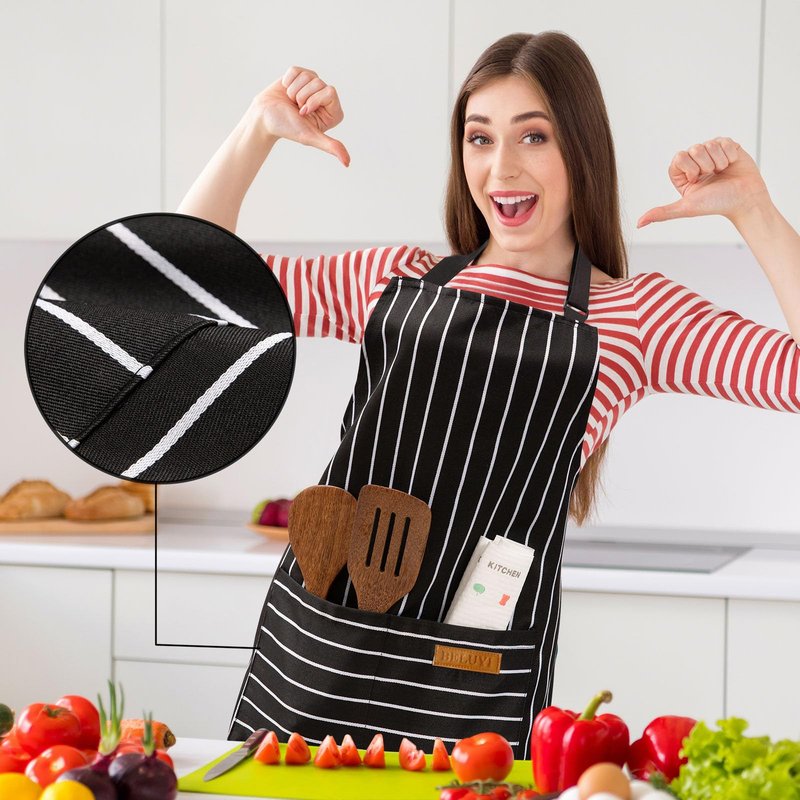 BeLuyi 2 Pack Adjustable Bib Apron with 2 Pockets Chef Cooking Kitchen Restaurant Aprons for Women Men (Blue/Black Stripes)