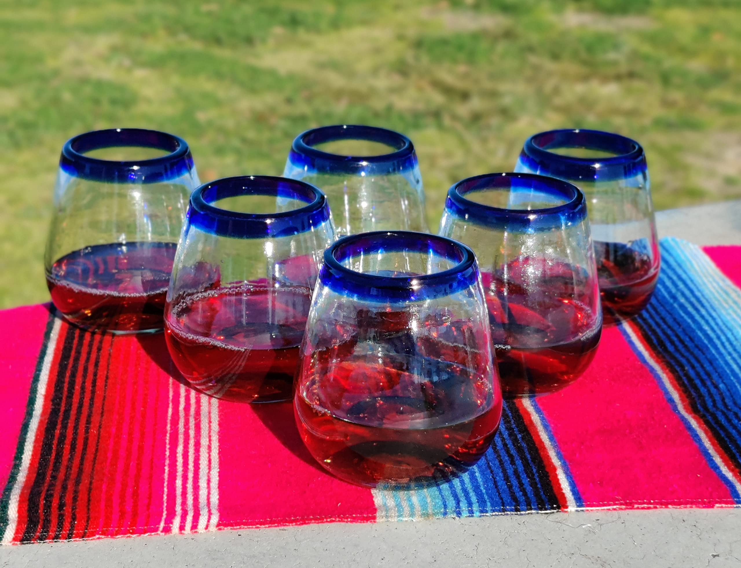 Dos Sueños Hand Blown Mexican Stemless Wine Glasses - Set of 6 Glasses with Cobalt Blue Rims (15 oz)