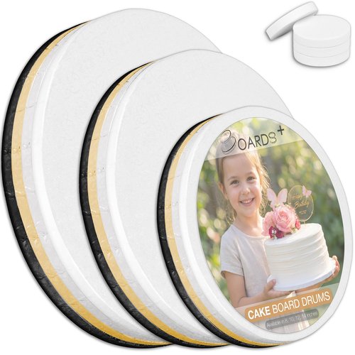 BOARDS+ Cake Drums 8, 10 & 12 Inch in White, Silver, Gold & Black Color (12 Pack) | 1/2" Thick CakeBoard Circle Rounds + Free Prop Up Tools | Fully Greaseproof, Sturdy for Heavy/Tiered Cakes
