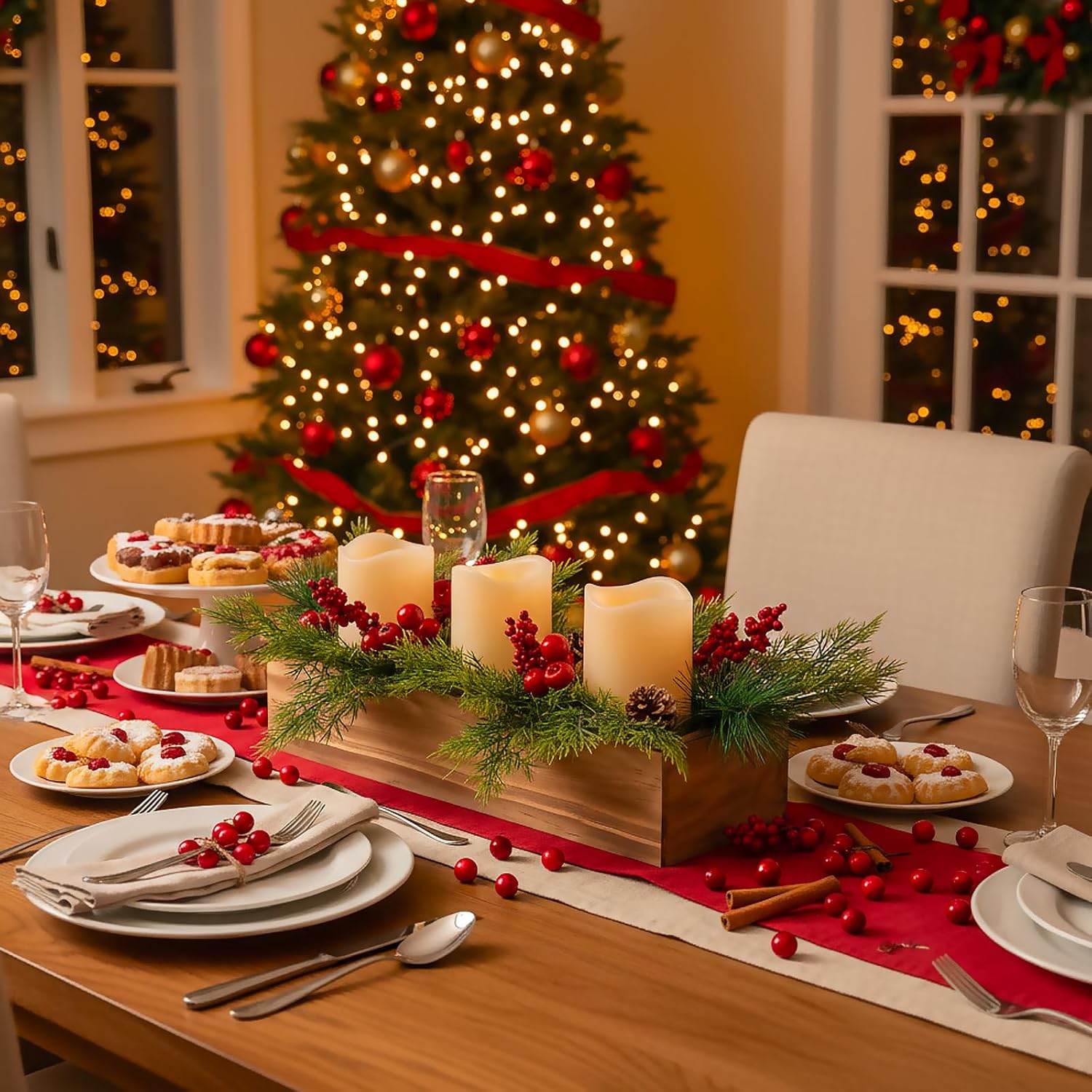 Rustic Wood Candle Holders | Christmas Table Centerpieces with 3 Flameless LED Candles & Pine Cones