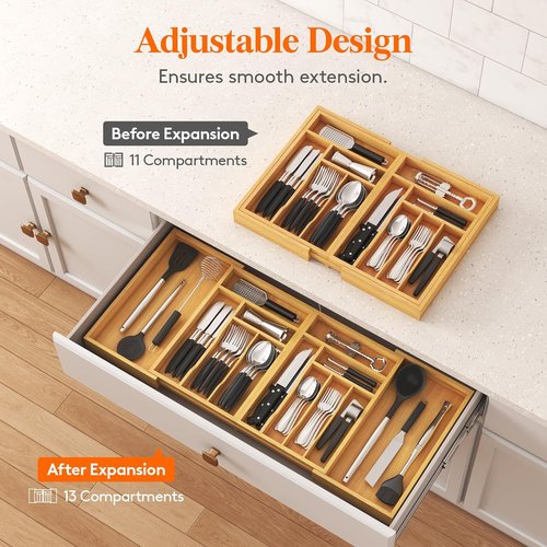 Lifewit Bamboo Silverware Drawer Organizer - Expandable 21.4 to 36 Inches | 13 Compartments for Utensils