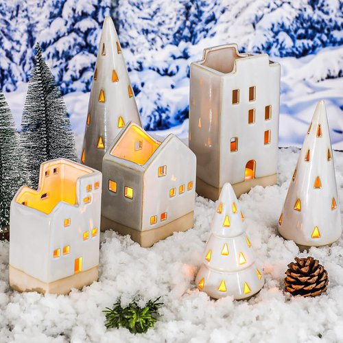 Beeveer Christmas Ceramic Buildings Decoration Set - 6 Pcs Tealight Candle Holders | Winter Holiday Centerpiece (4.4" to 9.4")