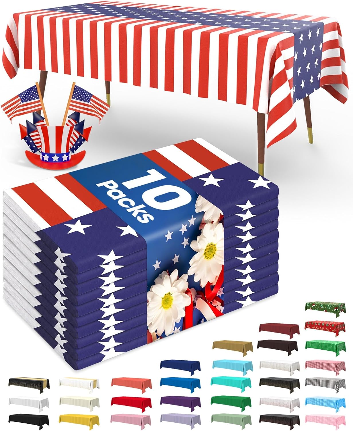 Pureegg 4th of July Tablecloth - Disposable American Flag Design | 54 x 108 Inch, 10 Pack for BBQs & Parties