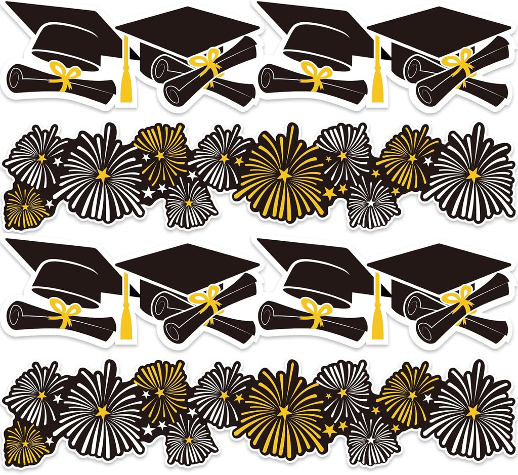 Whaline Graduation Bulletin Board Border - 69Ft Firework & Cap Design in Black, Gold, and White