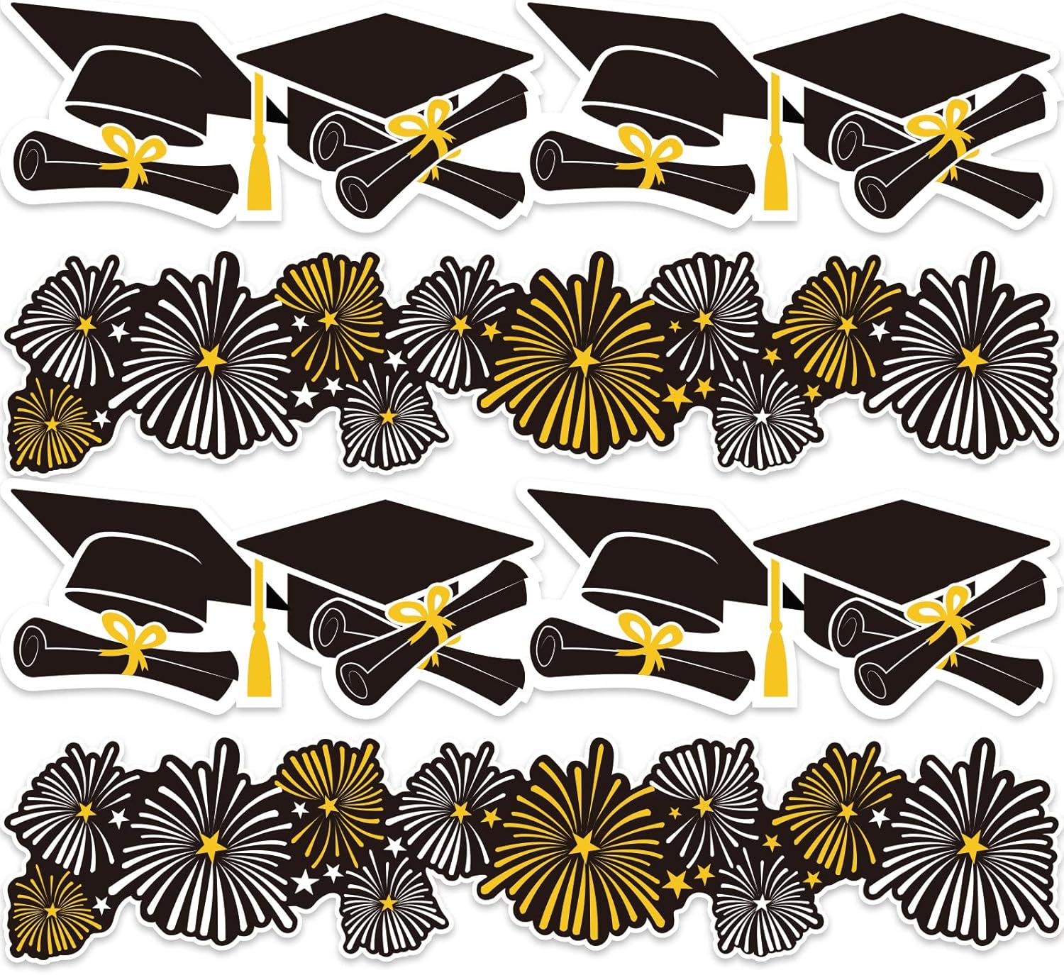 Whaline Graduation Bulletin Board Border - 69Ft Firework & Cap Design in Black, Gold, and White