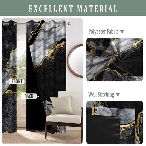 Renaiss Black Marble Blackout Curtains for Bedroom Abstract Golden Gray Texture Window Curtain Modern Luxury Crack Art Window Drapes for Living Room Decor Curtains 2 Panels Set, 42x84 Inch