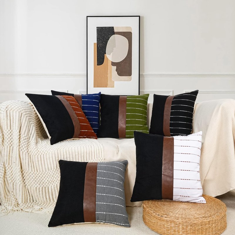 cygnus Decorative Pillow Covers 18x18,Black Linen and Striped Throw Pillow Covers with Dark Brown Faux Leather Accent,Boho Farmhouse Decor Square Cushion for Couch Sofa Livingroom,Gray