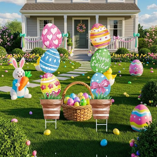 CroBlissful Large Metal Easter Eggs - Rustic Oil Painting Yard Signs | 29-Inch Garden Decor for Spring