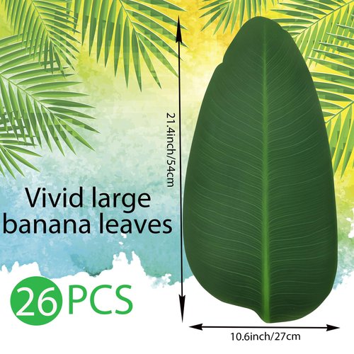 Large Rubber Banana Leaves, Leaf Placemats, 26 Pcs Artificial Heavyweight Banana Leaf Decoration for Hawaiian Party Jungle Adventure Theme Party Decor Table Runner Centerpieces Placemat 21.4'‘…