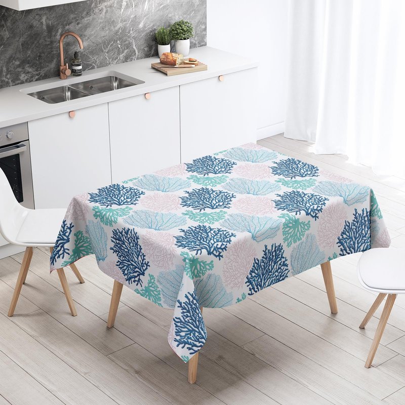 Ocean Tablecloth Coastal Nautical Rectangle Tablecloth Coral Print Ocean Themed Beach Decorative Waterproof Table Covers for Outdoor Dining Room Kitchen Living Room, 60x102 Inches, Navy/Blue/Teal/