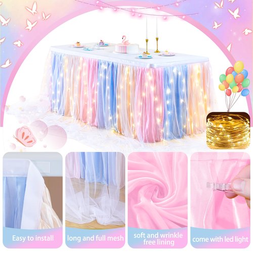 9FT Rainbow Tulle Table Skirt for Rectangle or Round Tables Ruffle Tulle Tutu Cloth Desk Table Skirt with LED Lights for Birthday Party Baby Shower Gender Reveal Cake Dessert Decorations