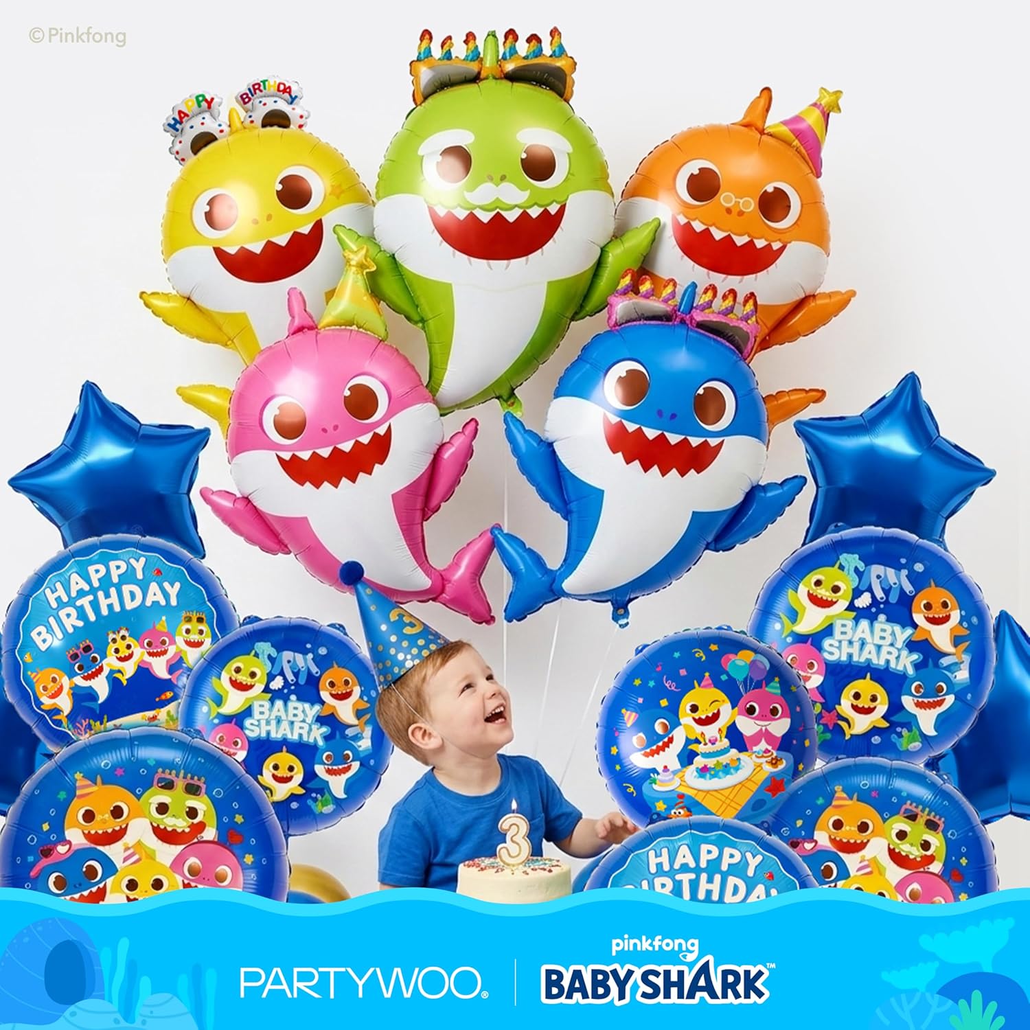 PartyWoo Baby Shark Family Foil Balloons - 5pcs Mylar Helium Balloons for Ocean-Themed Birthday Party | 36-34-32 Inch