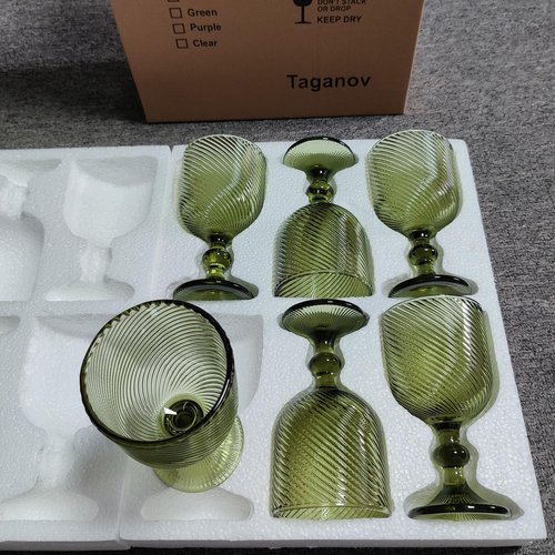 Taganov Green Glasses Drinking Wine Water Goblets Glassware set of 6 Vintage Stem Glasses Stemware 12 Ounces for Wedding Party Bar Twill Pattern Striped 350 ml