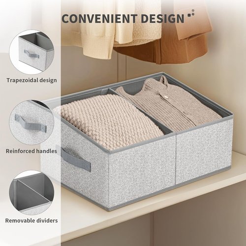 DIMJ Large Closet Shelf Organizer Bins - 6 Pack Fabric Trapezoid Storage Baskets with Handles | Grey Foldable Containers for Clothes, Towels, Toys, and More
