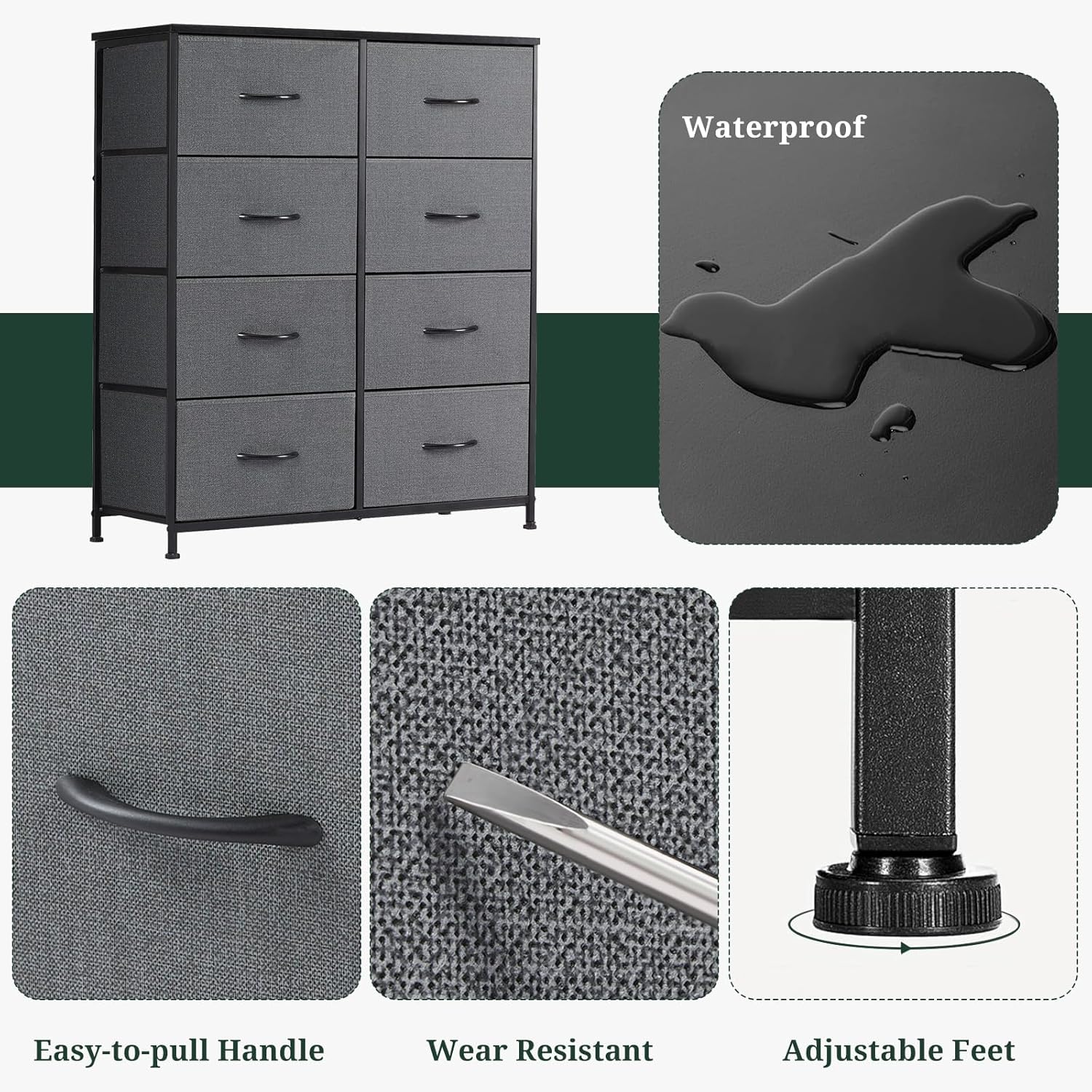 Regine Switzerland 8-Drawer Dresser - Anti-Tip Tall Storage Organizer with Wooden Top & Metal Frame - Gray