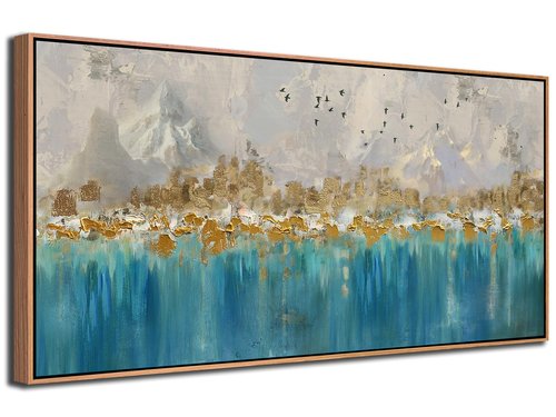 Arjun Framed Abstract Wall Art for Living Room Gold Blue Textured Canvas Art Wall Decor Bedroom Painting, Modern Picture Grey Mountain Artwork Home Office Wall Decoration, Large 40"x20"
