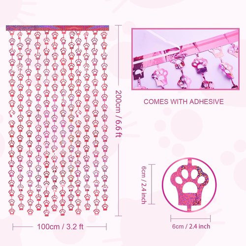 MENSTARSI Cat Birthday Decorations - 2 Pack Pink Cat Paw Party Supplies | 3.3x6.6 ft Foil Fringe Curtains & Tinsel Backdrop