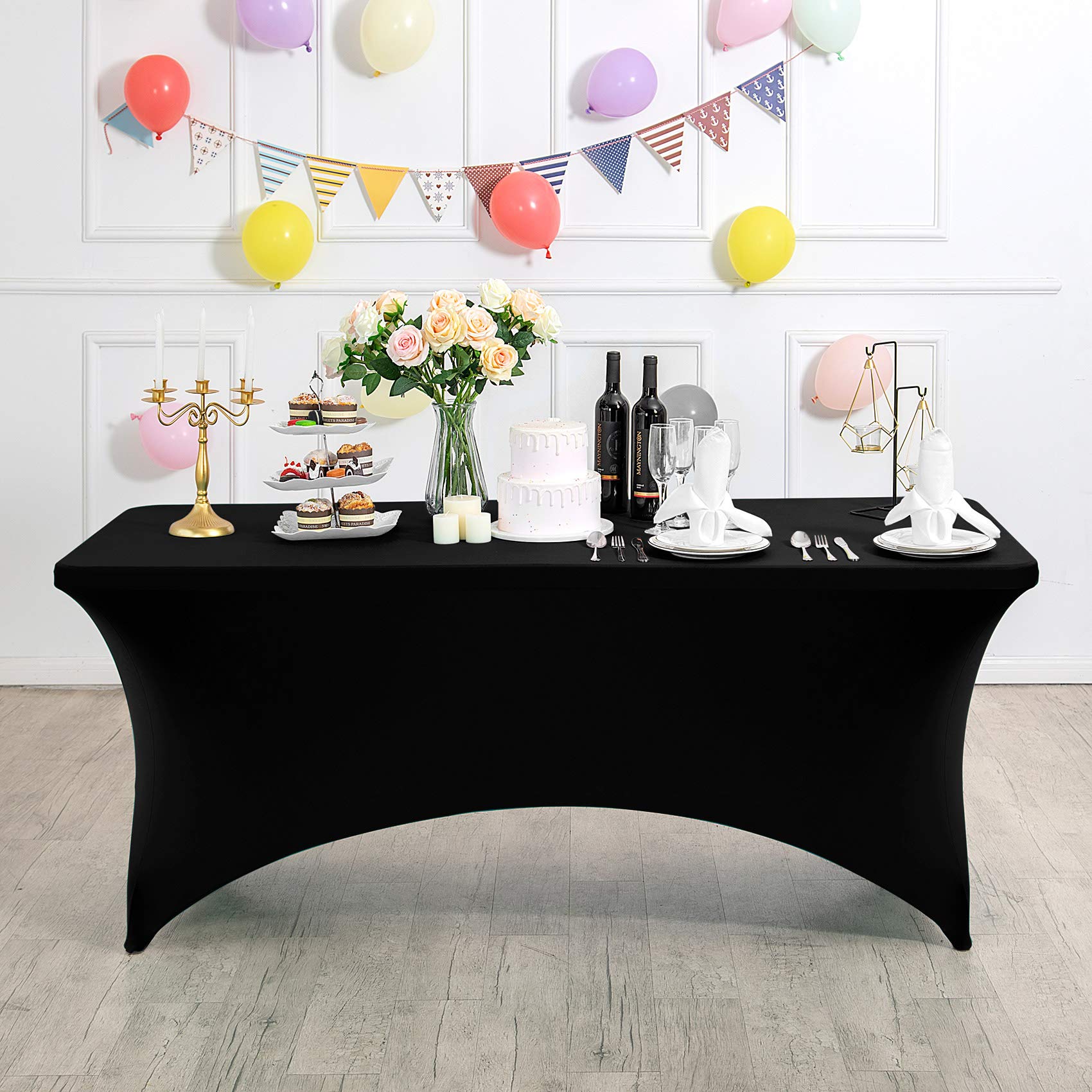 Hezuzo 2Pack Spandex Table Cover for 4FT or 6ft or 9ft Table Universal Fitted Stretch Tablecloth for Party, Banquet, Wedding and Events-Black