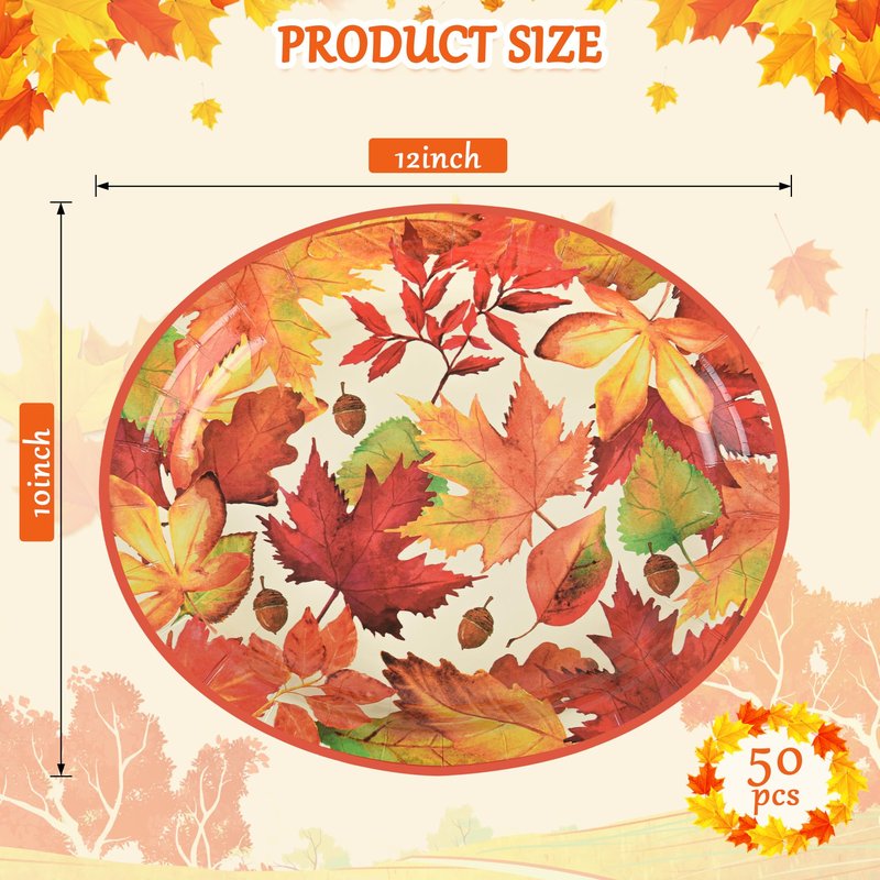 Elyxio 50 Pcs Thanksgiving Leaves Oval Paper Plates Fall Disposable Party Plates Autumn Dinner 10" X 12" Dinner Serving Dish Platters for Harvest Give Thanks Party Tableware Supplies