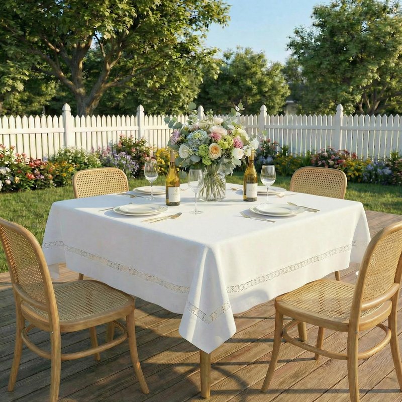 EHouseHome Heavy Duty Fabric Tablecloth with White Lace-Waterproof/Wrinkle Free/Stain Resistant/Oil Proof-for Dining,Indoor&Outdoor,Wedding,Holiday,White,Square 52x52Inch