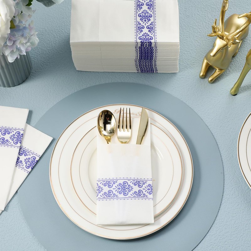 Qilery 100 Pack White Pocket Napkins Blue Floral Disposable Airlaid Paper Napkins with Built-in Flatware Pocket for Dinner and Wedding