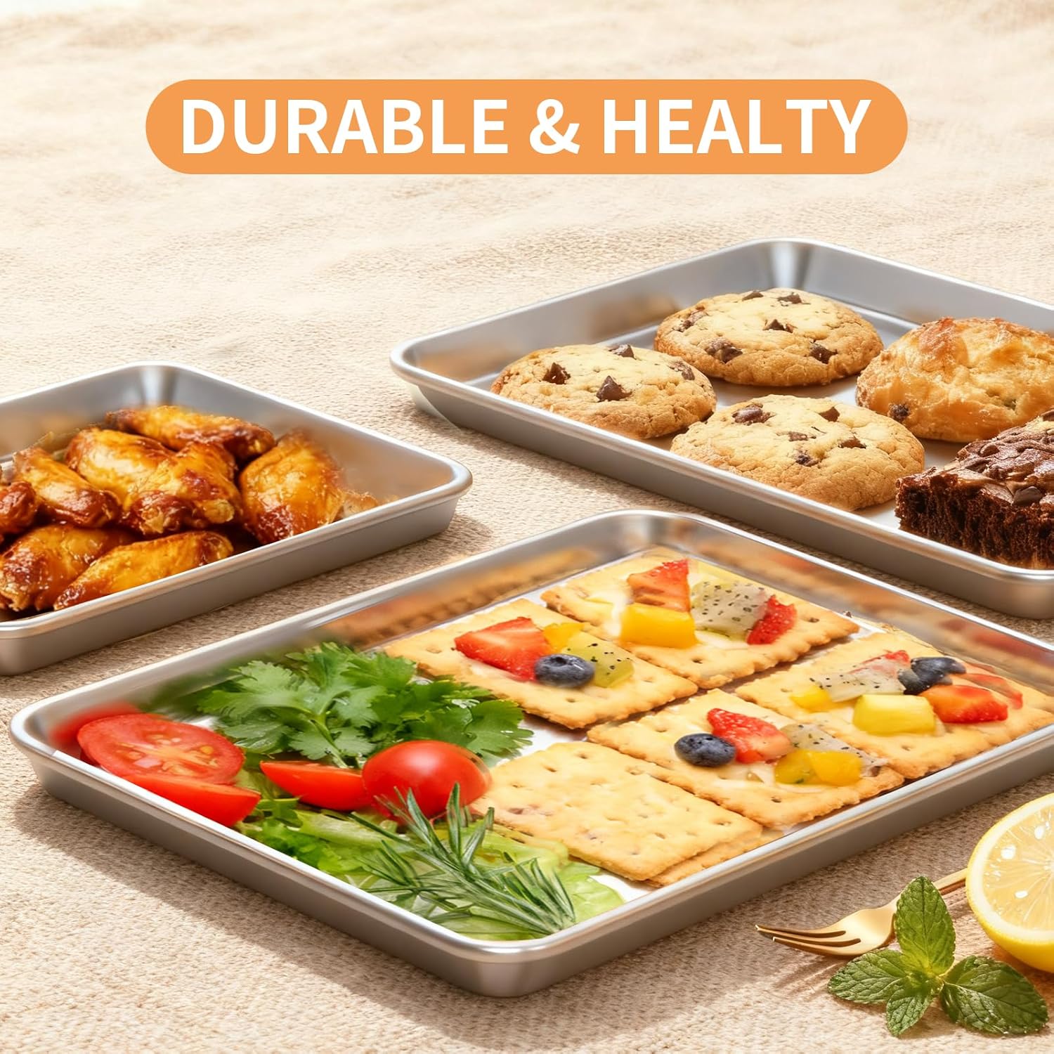 Skiennix Baking Sheet Set - Heavy Duty Stainless Steel Cookie Sheets | Non-Stick, Easy Clean, 10.5/12.4/16 Inch