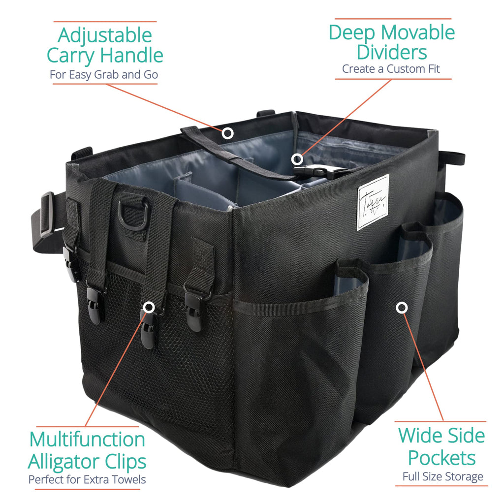 Extra Large Wearable Cleaning Caddy Bag with Handle, Detachable Dividers, Shoulder and Waist Straps, Cleaner Organizer Tote for Housekeepers, Cleaning Supplies Organizer and Storage (BLACK)